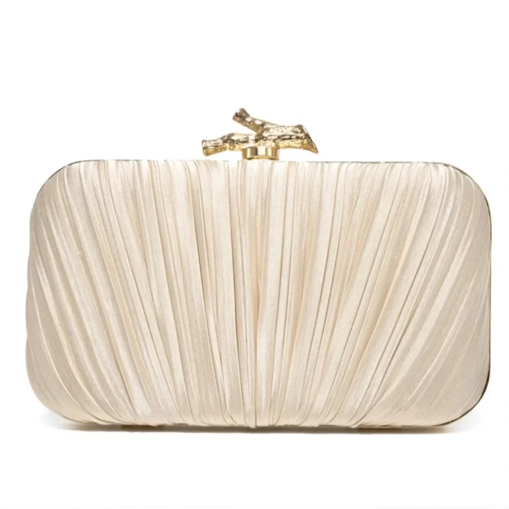 Elegant Cream Satin Pleated Clutch with Gold Accent